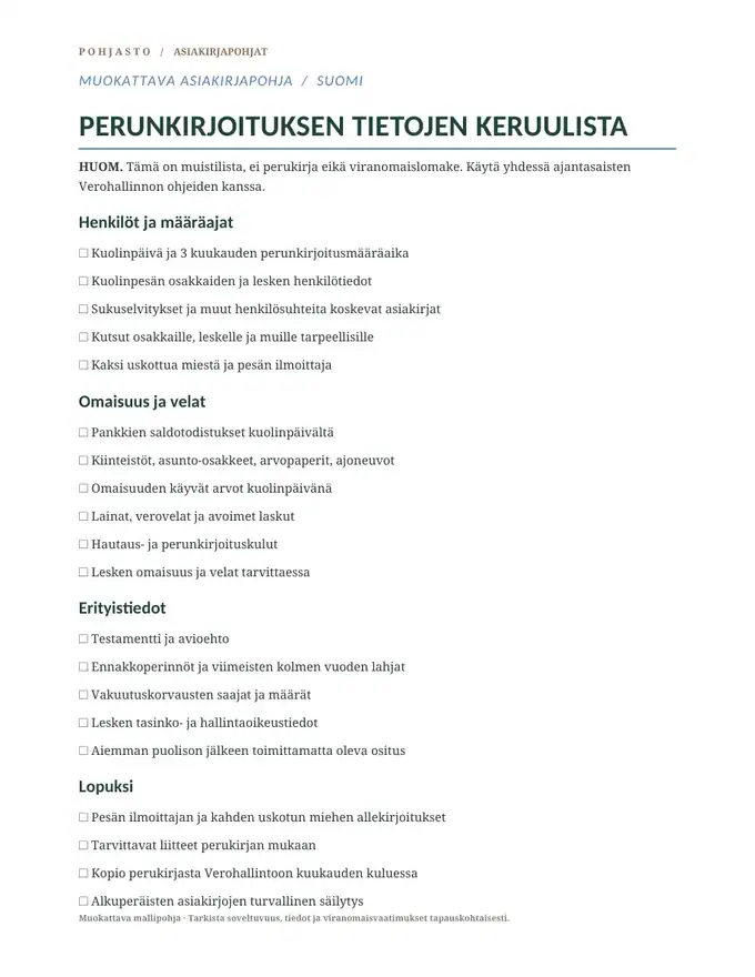 Perunkirjoituksen muistilista – tietojen keruu – pohjan esikatselu