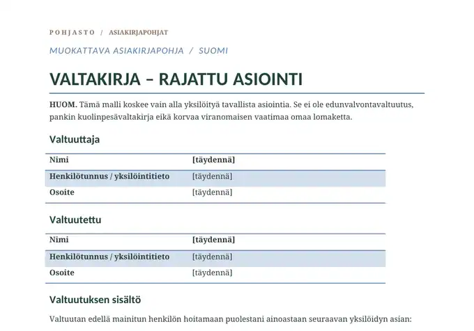 Yleinen asiointivaltakirja – asiakirjasivu